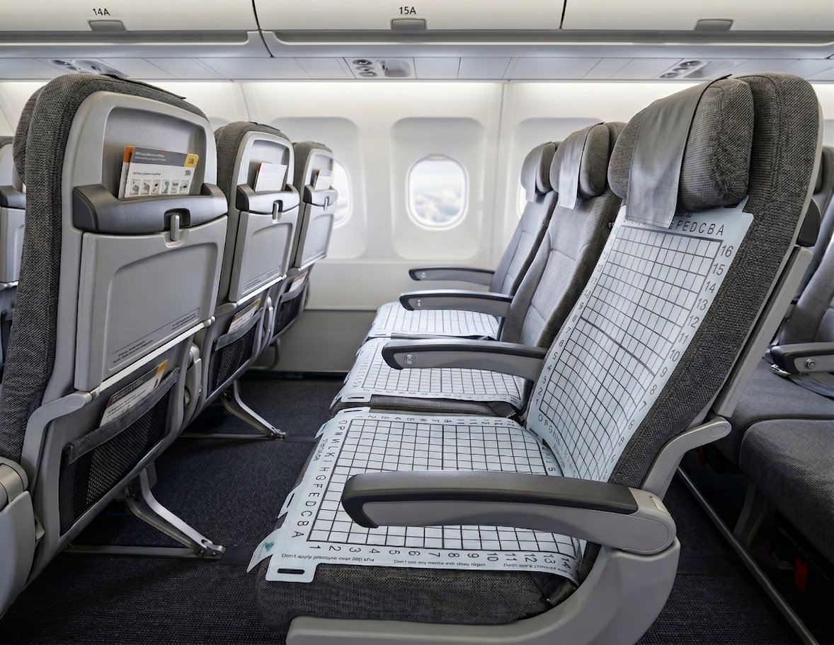 Original aircraft cabin photo showing three seats beside the windows, with pliance sensor mats on the cushions and backrest