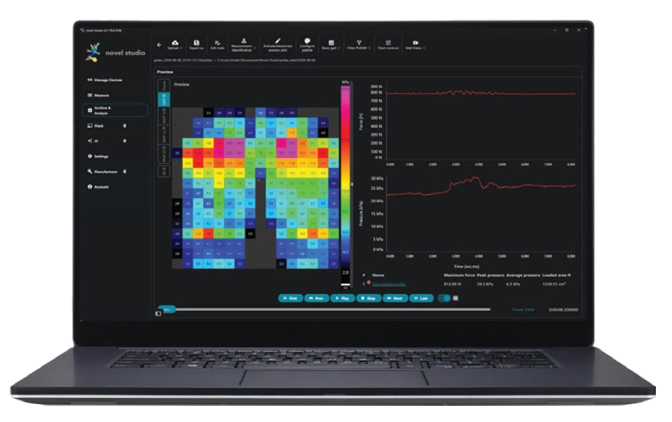 Laptop displaying novel studio seating pressure maps and measurement curves